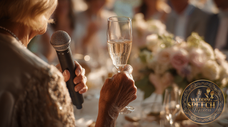 An older woman holding a microphone and a glass of champagne gives a toast at a formal event with floral table decorations, offering inspiration for any General Wedding Toasts Guide.