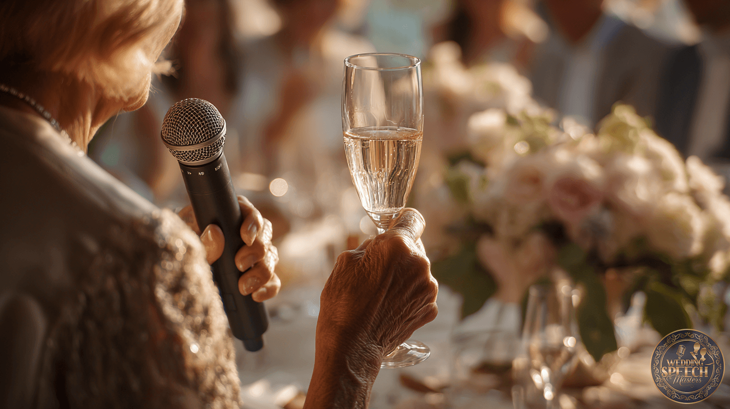 An older woman holding a microphone and a glass of champagne gives a toast at a formal event with floral table decorations, offering inspiration for any General Wedding Toasts Guide.