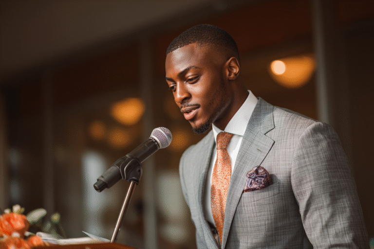 A man in a gray suit and patterned tie speaks into a microphone at a podium indoors, with warm lighting in the background.