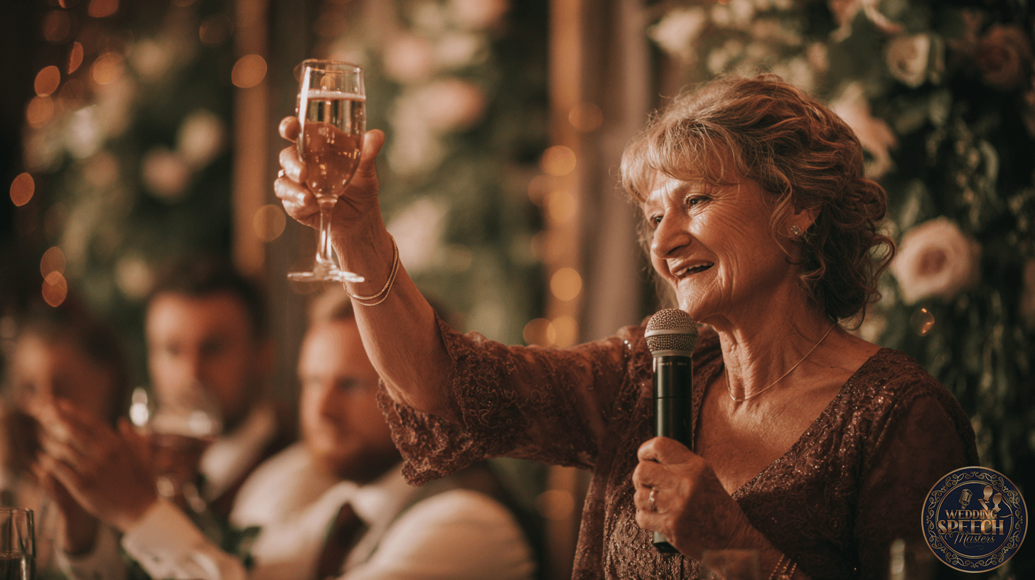 An older woman in formal attire holds a microphone and raises a glass in a heartfelt toast, as people seated among floral decorations listen warmly in the background.
