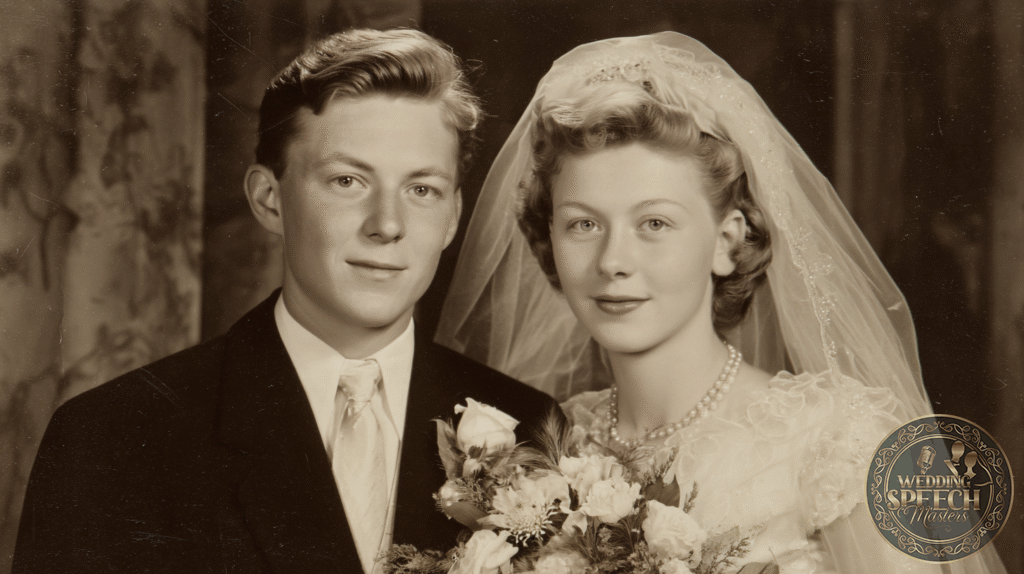 A vintage black-and-white portrait of a bride in a wedding dress and veil holding a bouquet, standing beside a groom in a suit.