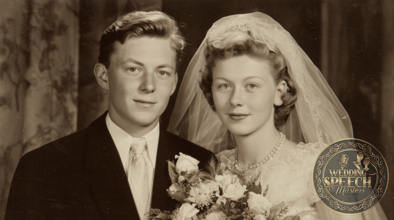 A vintage black-and-white portrait of a bride in a wedding dress and veil holding a bouquet, standing beside a groom in a suit.