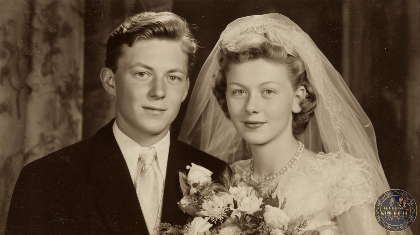 A vintage black-and-white portrait of a bride in a wedding dress and veil holding a bouquet, standing beside a groom in a suit.