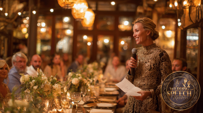 A woman in an ornate dress stands holding a microphone and paper, crafting funny anecdotes for wedding toasts as she speaks to seated guests at a decorated dinner table in a warmly lit venue.