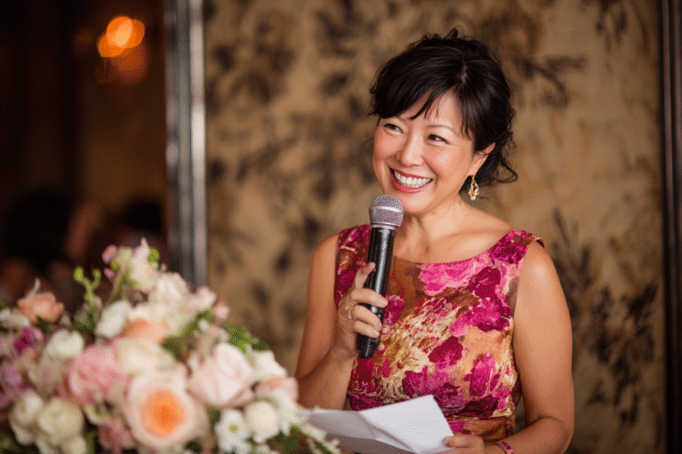 A woman in a floral dress holds a microphone and smiles while standing next to a bouquet of flowers and holding papers.