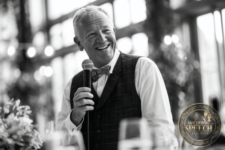 An older man in a vest and bow tie smiles while holding a microphone, standing indoors with blurred lights and foliage in the background.