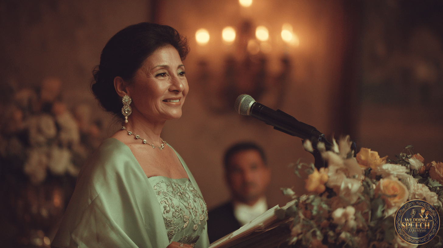 A woman in an elegant dress speaks at a microphone during a formal event, standing near a floral arrangement with chandeliers in the background.