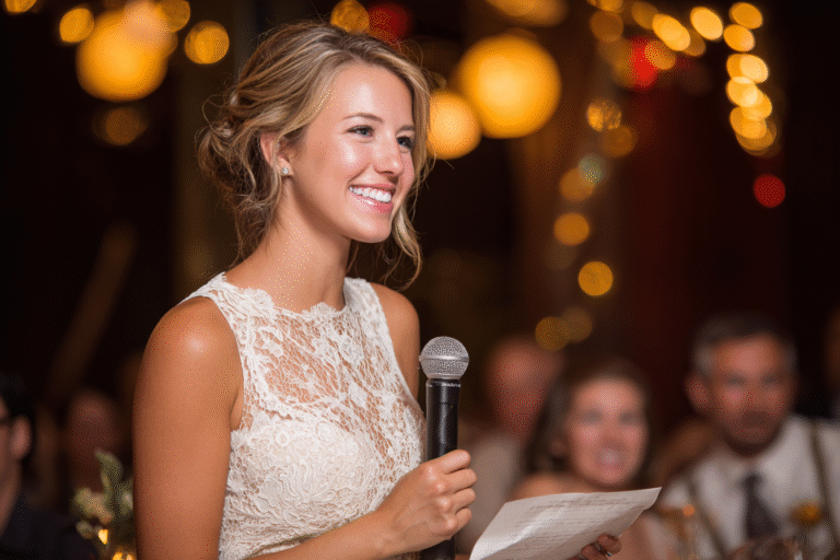 A woman in a white lace dress holds a microphone and a paper, smiling as she speaks at an indoor event with warm, blurred lights in the background.