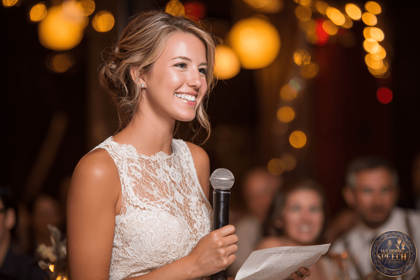 A woman in a white lace dress holds a microphone and a paper, smiling as she speaks at an indoor event with warm, blurred lights in the background.