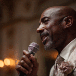 At an indoor event with warm lighting and a blurred background, a man in a suit speaks into a microphone, sharing tips on how to prepare a Father of the Bride speech.