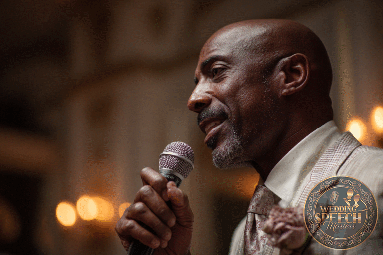 At an indoor event with warm lighting and a blurred background, a man in a suit speaks into a microphone, sharing tips on how to prepare a Father of the Bride speech.