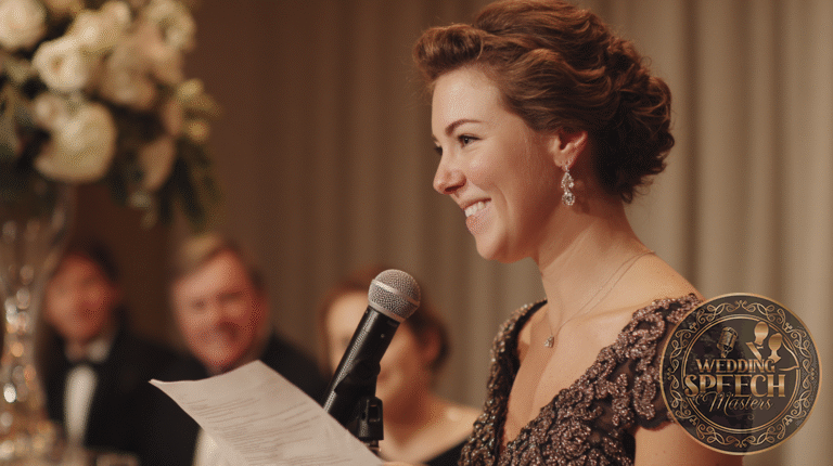 A woman in a formal dress holds a microphone and reads from a paper while smiling at an indoor event, with people seated in the background.