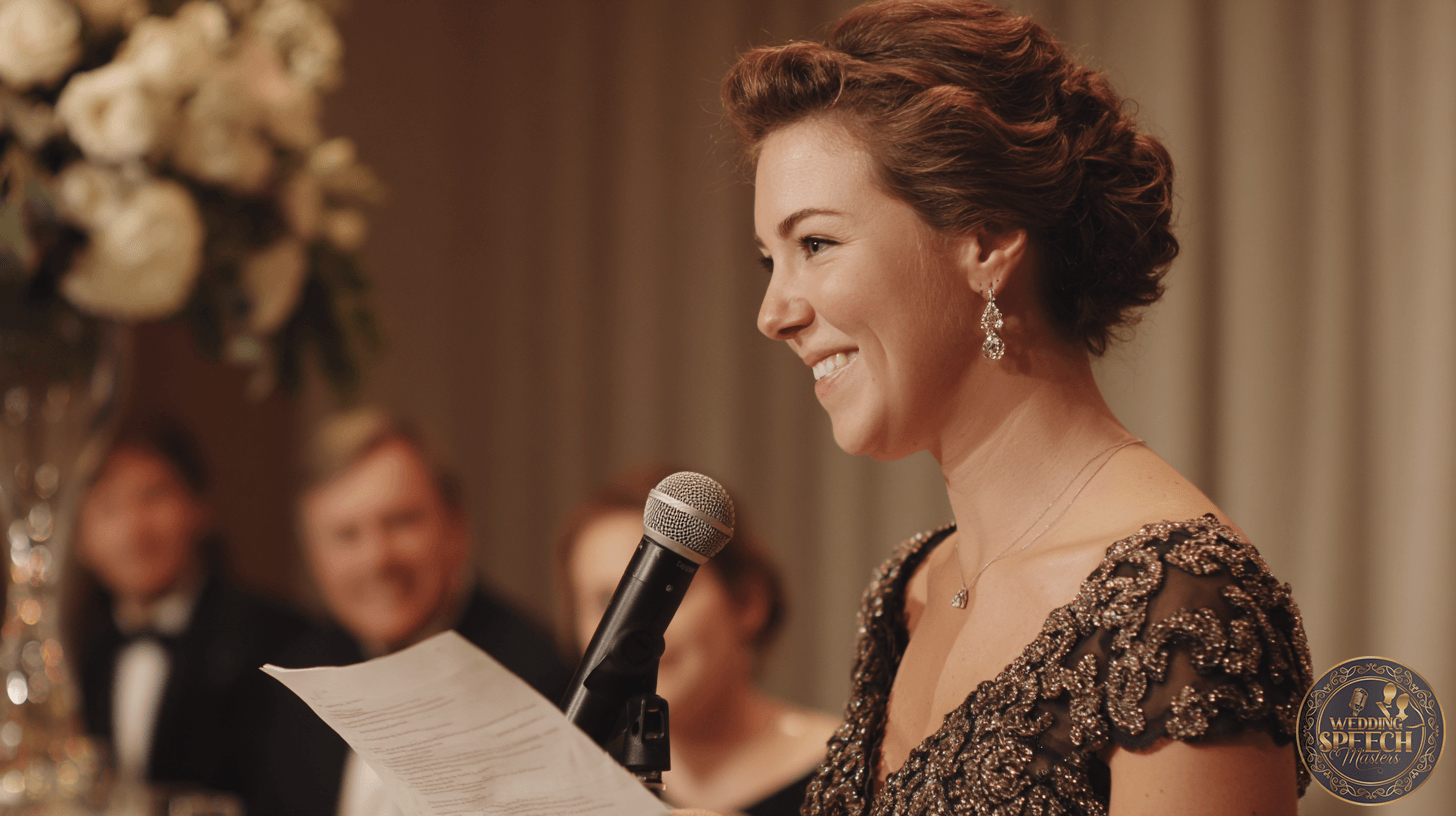 A woman in a formal dress holds a microphone and reads from a paper while smiling at an indoor event, with people seated in the background.