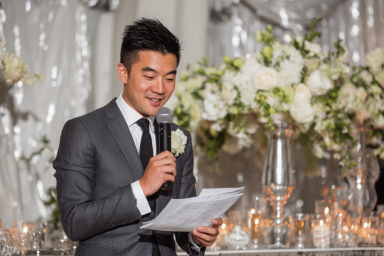 A man in a suit speaks into a microphone while holding papers, standing in front of a decorated table with white flowers and candles.