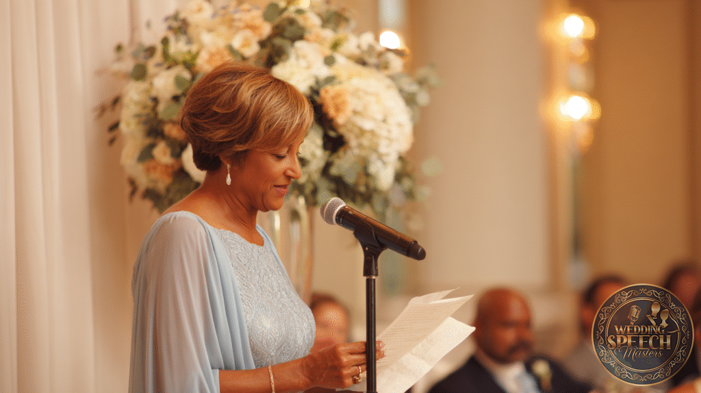 A woman in a light blue dress stands at a microphone, reading from a piece of paper, with floral arrangements and seated guests in the background.