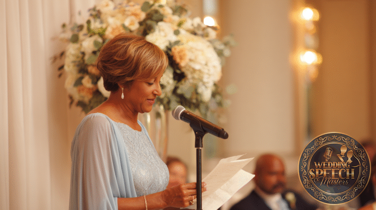 A woman in a light blue dress stands at a microphone, reading from a piece of paper, with floral arrangements and seated guests in the background.