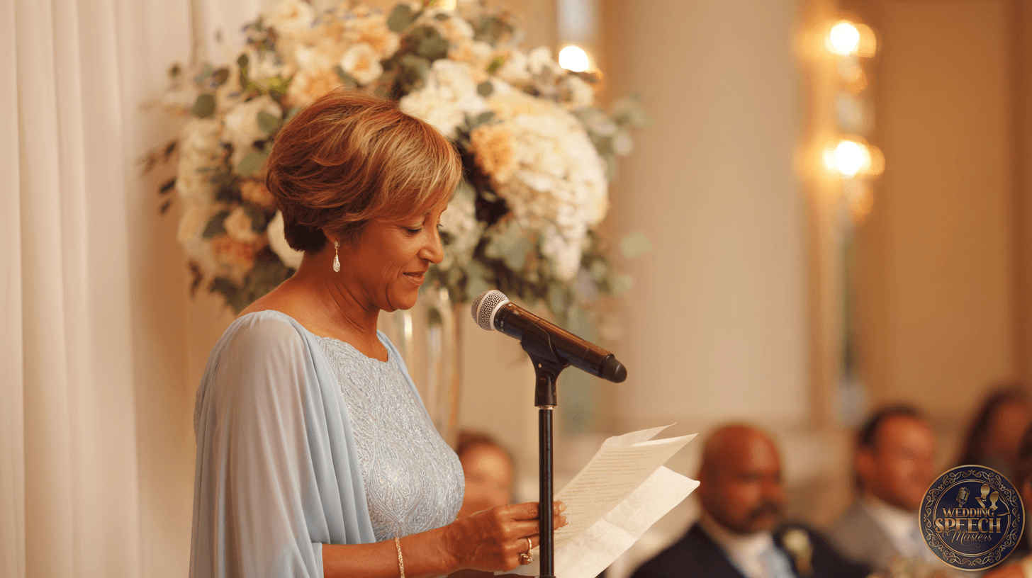 A woman in a light blue dress stands at a microphone, reading from a piece of paper, with floral arrangements and seated guests in the background.