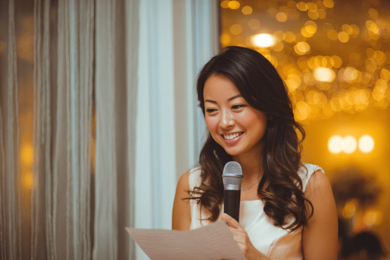 A woman in a white dress holds a microphone and a sheet of paper, smiling as she speaks indoors with warm, blurred lights in the background.