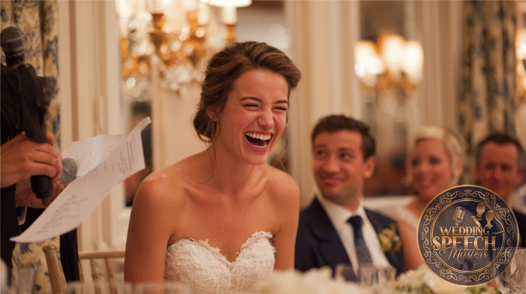 A bride in a white dress laughs during a wedding reception, seated at a table with the groom and guests while someone speaks into a microphone.