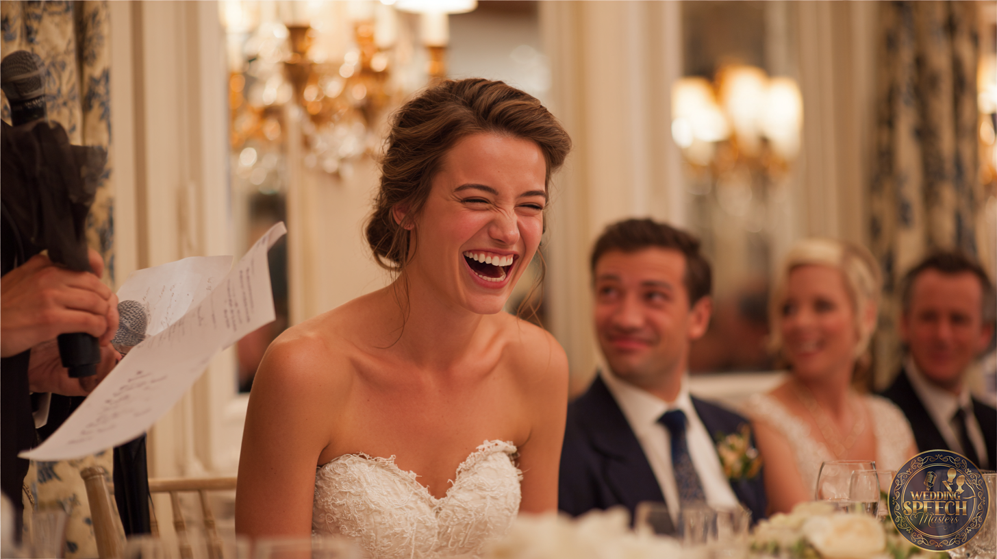 A bride in a white dress laughs during a wedding reception, seated at a table with the groom and guests while someone speaks into a microphone.