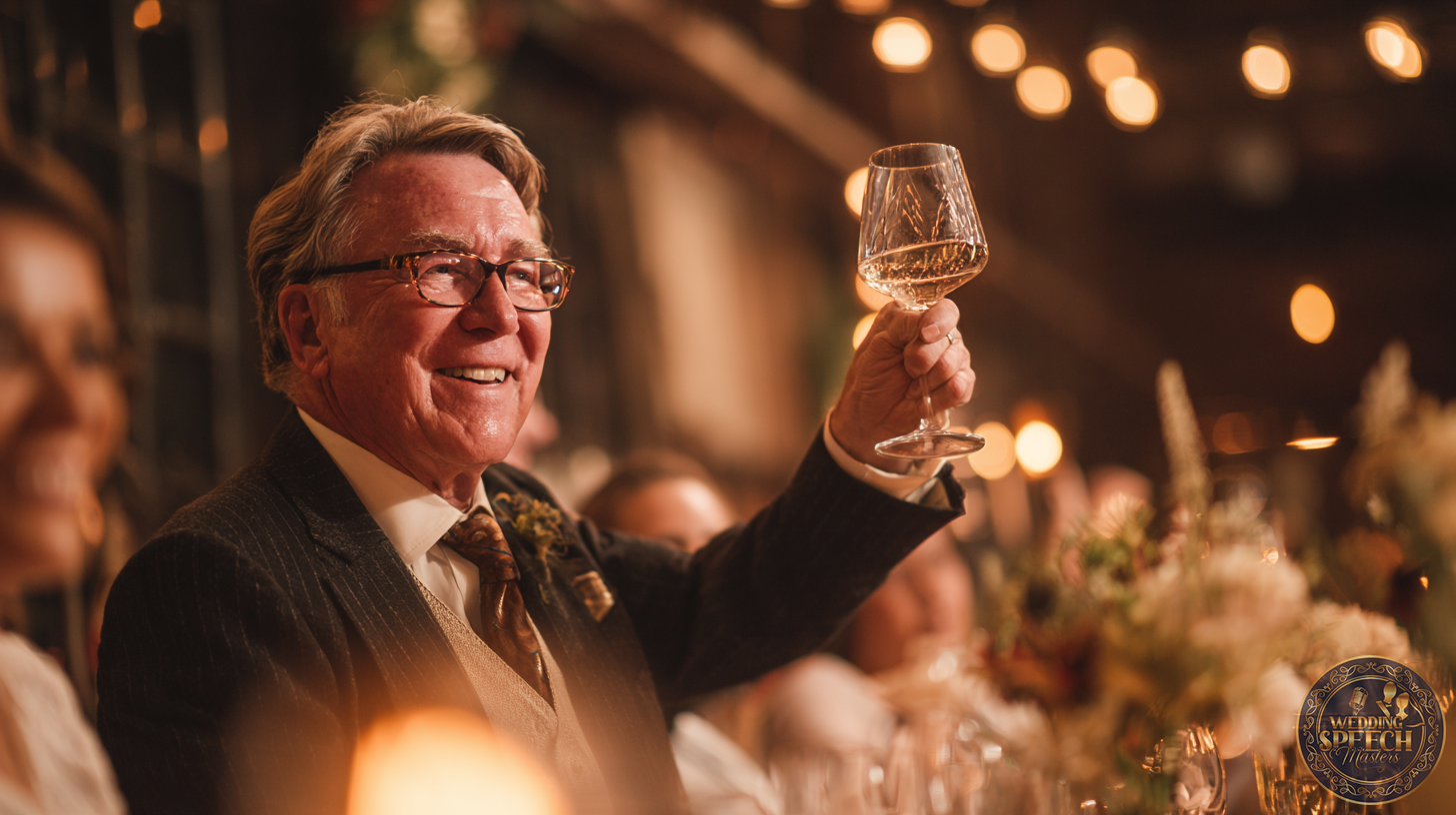 An older man in a suit raises a wine glass in a toast at a warmly lit event, perhaps sharing one of his humorous wedding toast examples, with blurred guests and floral decorations in the background.