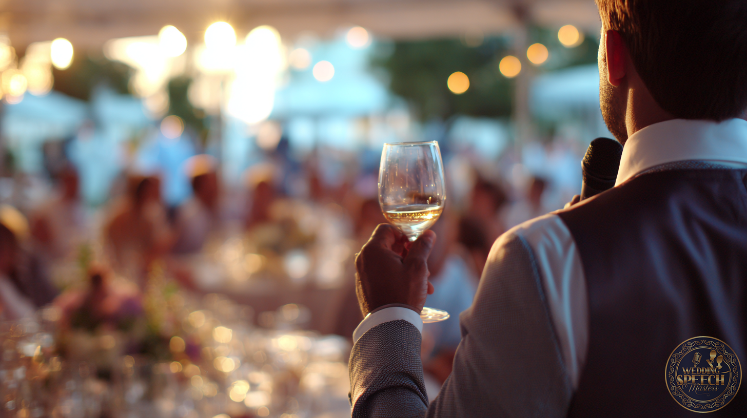 A man in a suit holds a microphone and a glass of white wine, Crafting Concise and Impactful Wedding Toasts as he speaks to seated guests at a formal event.