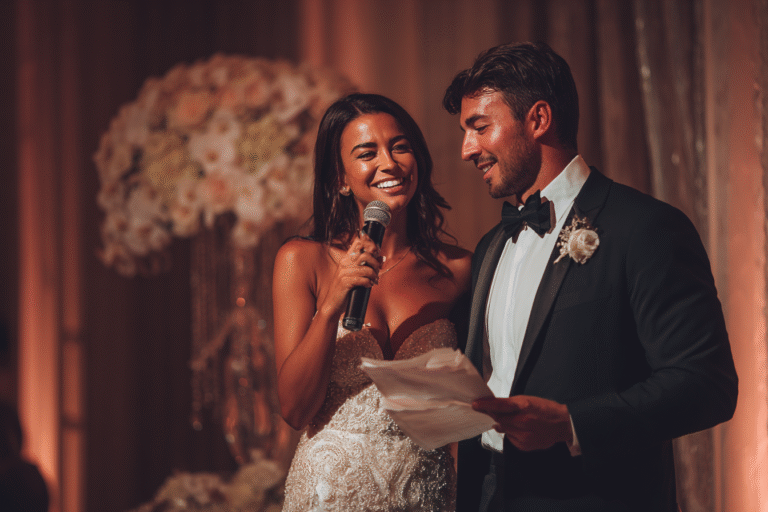A bride in a strapless gown stands beside a groom in a tuxedo; she holds a microphone and smiles while he holds a piece of paper during a wedding reception speech.