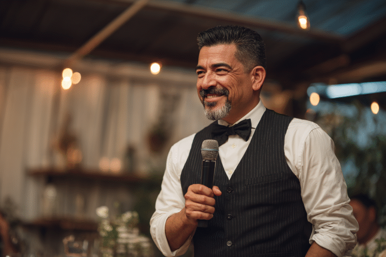 A man in a black vest and bow tie holds a microphone and smiles while speaking at an indoor event with warm lighting.