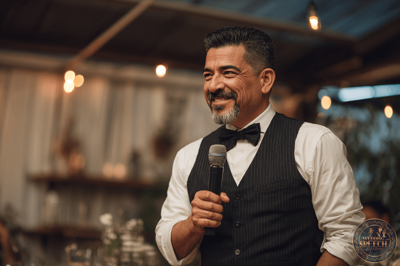 A man in a black vest and bow tie holds a microphone and smiles while speaking at an indoor event with warm lighting.