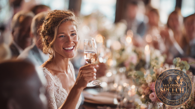 A woman in a white dress smiles and raises a glass at a formal dinner table decorated with flowers, surrounded by people—injecting humor into wedding toasts and lighting up the celebration.