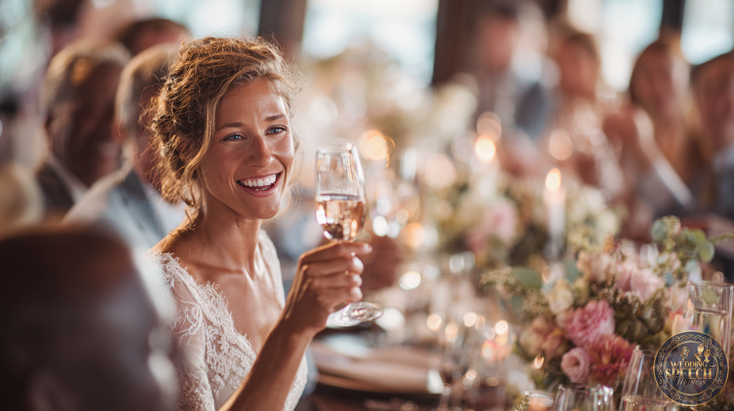 A woman in a white dress smiles and raises a glass at a formal dinner table decorated with flowers, surrounded by people—injecting humor into wedding toasts and lighting up the celebration.