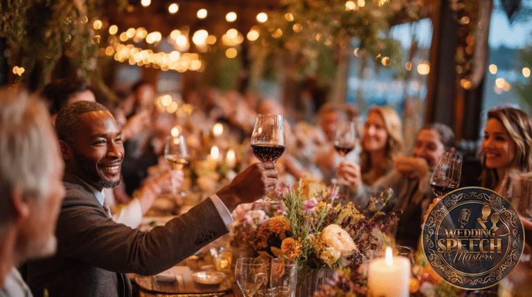 A group of people sitting at a long table outdoors raise their glasses in a toast, surrounded by flowers, candles, and string lights as they share blessings for newlyweds.