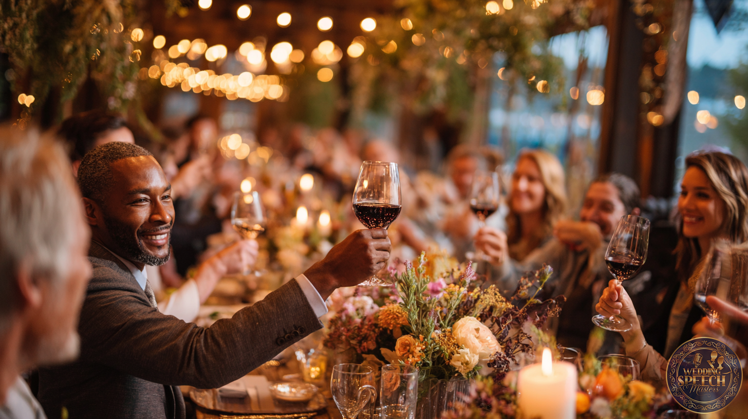 A group of people sitting at a long table outdoors raise their glasses in a toast, surrounded by flowers, candles, and string lights as they share blessings for newlyweds.