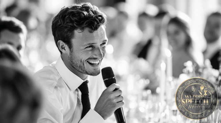 A man in a dress shirt and tie smiles while speaking into a microphone at a formal event, seated at a table with glasses and floral arrangements.