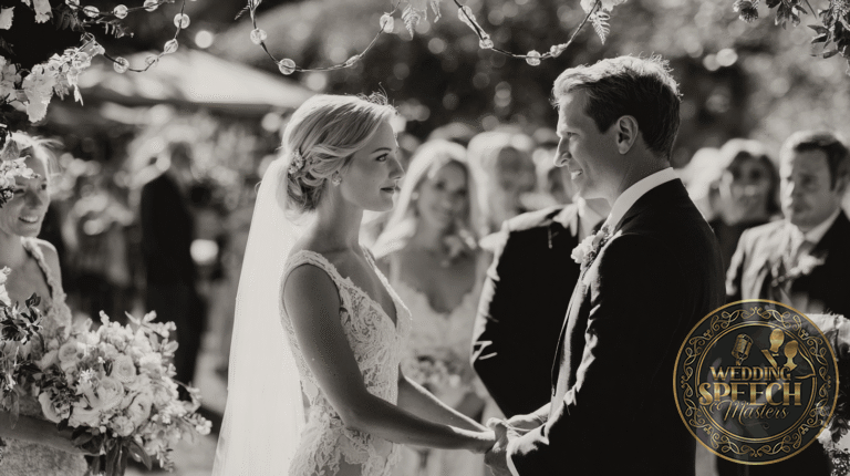 A bride and groom stand facing each other, holding hands during an outdoor wedding ceremony, surrounded by guests and floral decorations, highlighting the significance of couple's blessings on their special day.