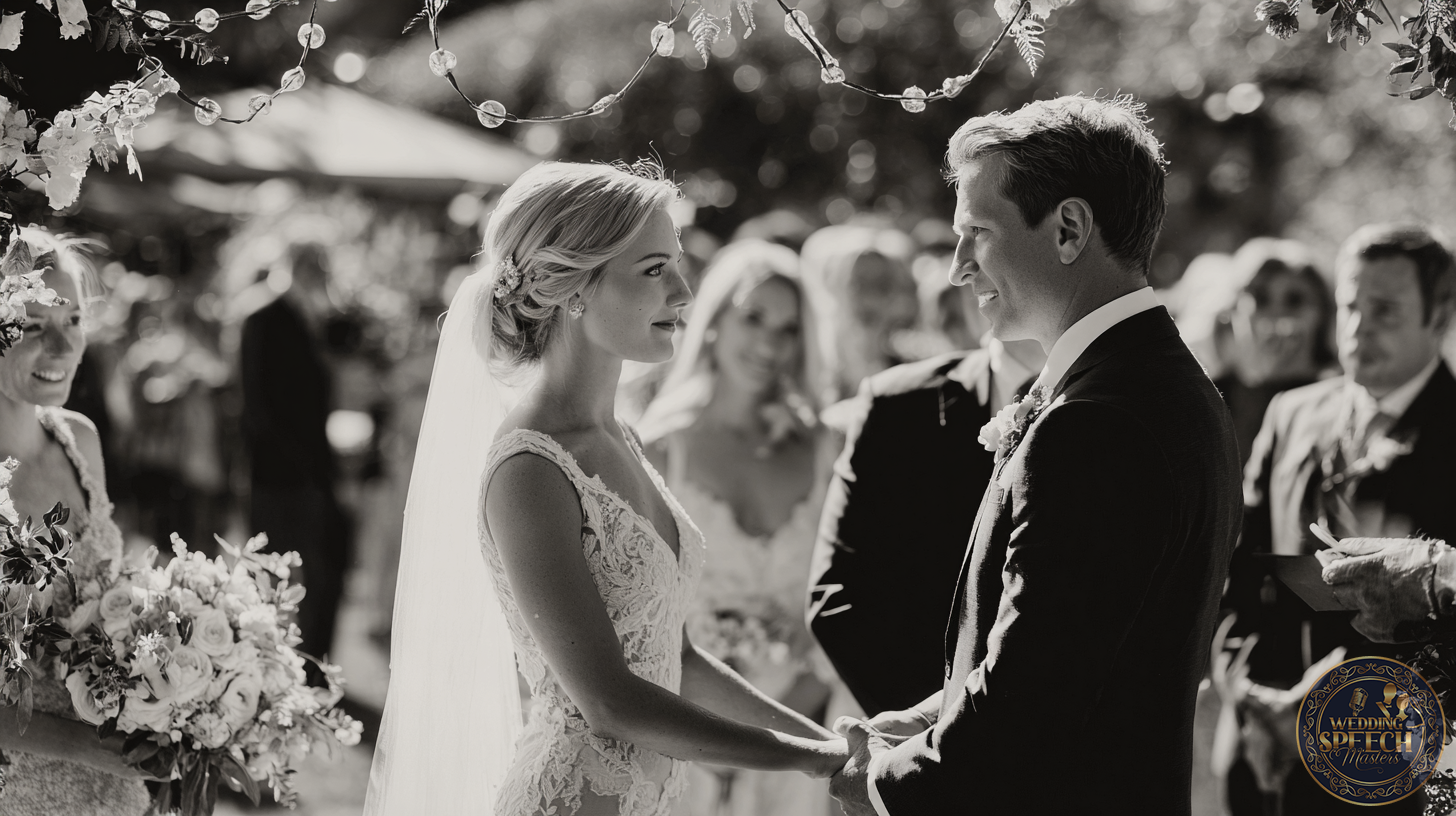 A bride and groom stand facing each other, holding hands during an outdoor wedding ceremony, surrounded by guests and floral decorations, highlighting the significance of couple's blessings on their special day.