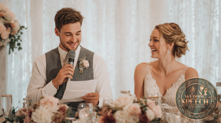 A man in a vest reads from a paper into a microphone while a woman in a white dress smiles beside him at a decorated table, likely at a wedding reception.