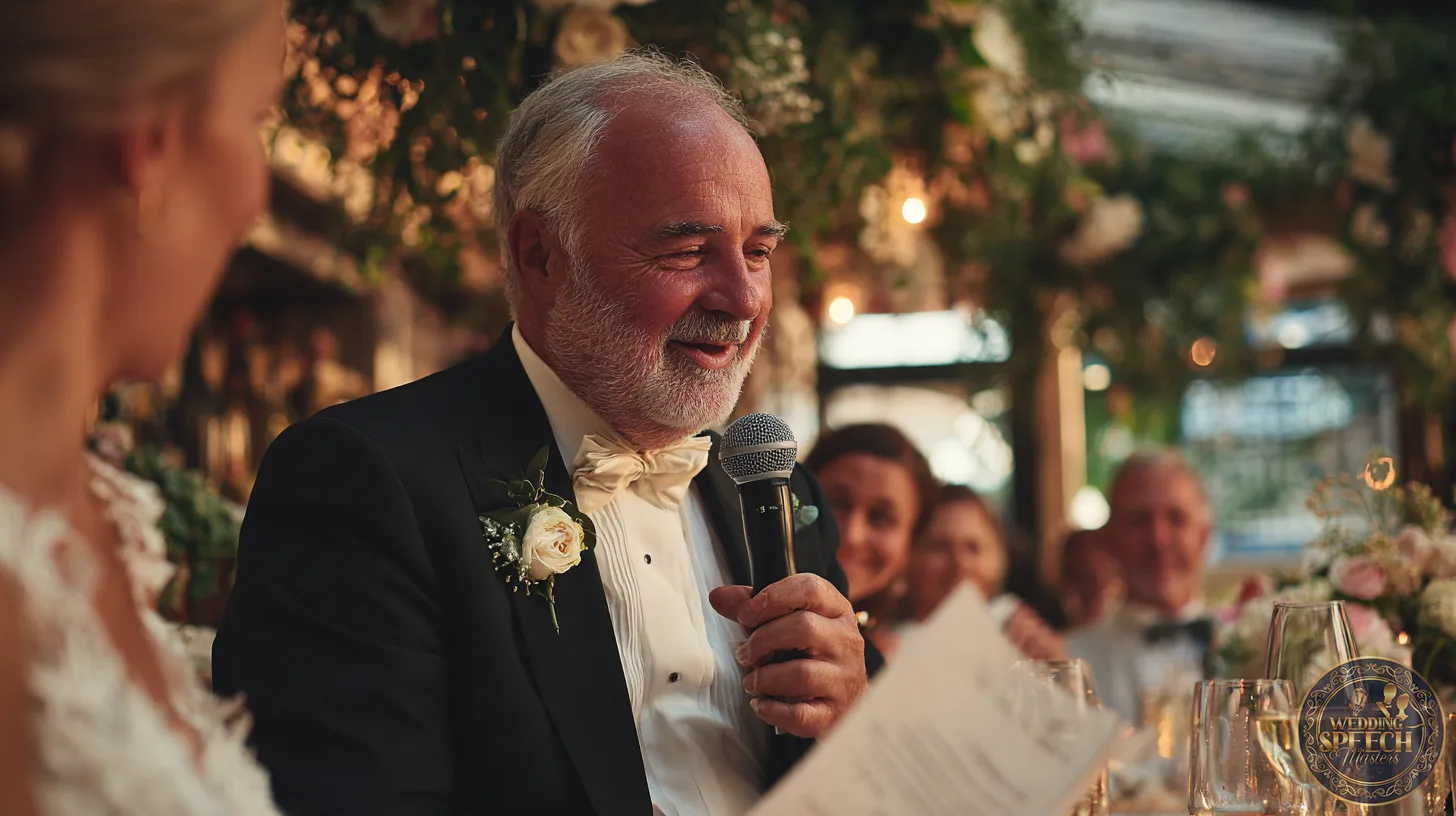 An older man in a tuxedo gives a speech with a microphone at a joyful wedding celebration, smiling at the bride seated beside him.