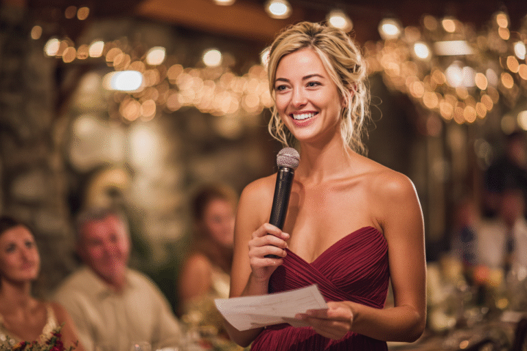 A woman in a burgundy dress smiles while giving a speech with a microphone at an indoor event with string lights and seated guests in the background.