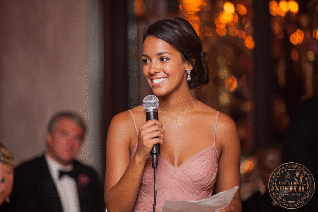 A woman in a mauve dress holds a microphone and a piece of paper, delivering heartfelt words at an indoor formal event—perhaps following tips from the Maid of Honor's Wedding Speech Guide—as blurred guests look on in the background.