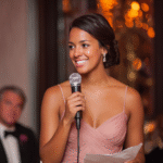 A woman in a mauve dress holds a microphone and a piece of paper, delivering heartfelt words at an indoor formal event—perhaps following tips from the Maid of Honor's Wedding Speech Guide—as blurred guests look on in the background.