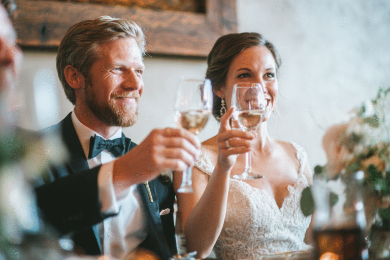 A bride and groom in formal attire raise glasses in a toast at a wedding reception, smiling and seated at a decorated table.