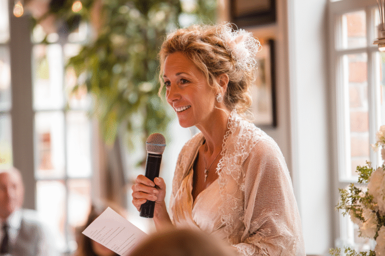 A woman in a lace shawl holds a microphone and a sheet of paper, smiling while speaking at an indoor event with natural light.