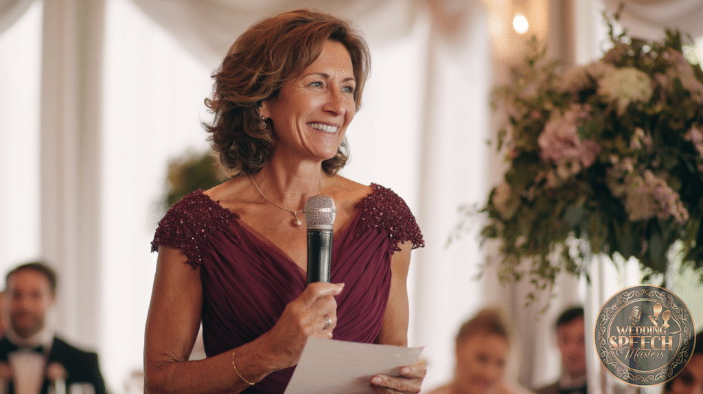 A woman in a dress holding a microphone, ready to share heartfelt words from the Mother of the Bride Wedding Speech Guide.