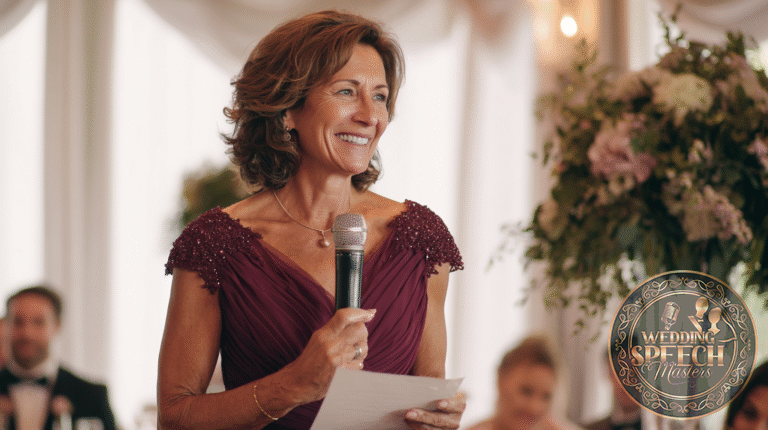 A woman in a dress holding a microphone, ready to share heartfelt words from the Mother of the Bride Wedding Speech Guide.