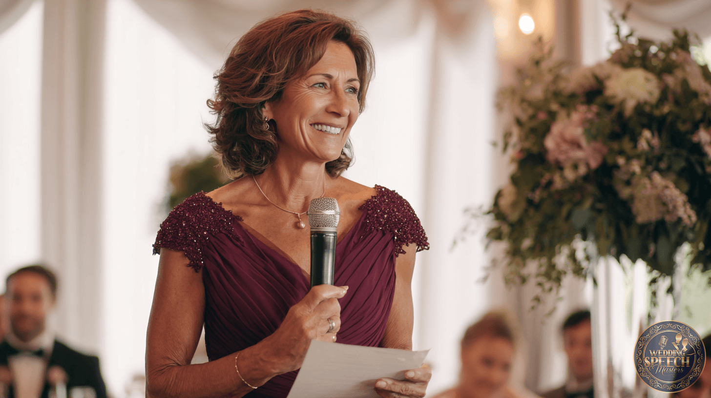 A woman in a dress holding a microphone, ready to share heartfelt words from the Mother of the Bride Wedding Speech Guide.
