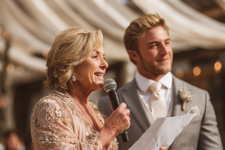 An older woman holding a microphone and a piece of paper stands next to a younger man in a suit at an outdoor event with draped fabric in the background.
