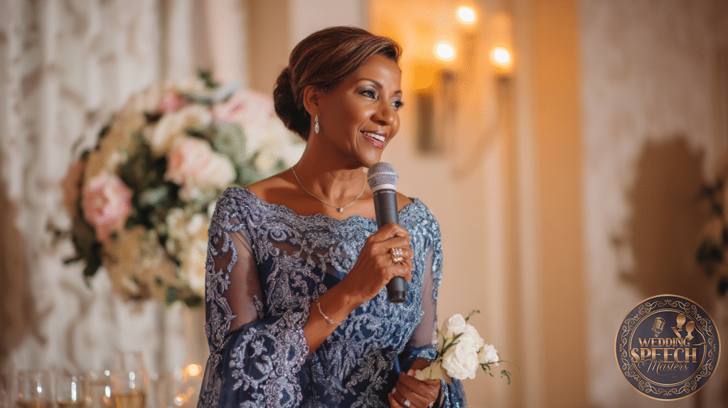 A woman in an elegant blue lace dress holds a microphone and a small bouquet, speaking at a formal event with floral decorations in the background.