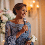 A woman in an elegant blue lace dress holds a microphone and a small bouquet, speaking at a formal event with floral decorations in the background.