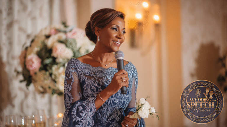 A woman in an elegant blue lace dress holds a microphone and a small bouquet, speaking at a formal event with floral decorations in the background.